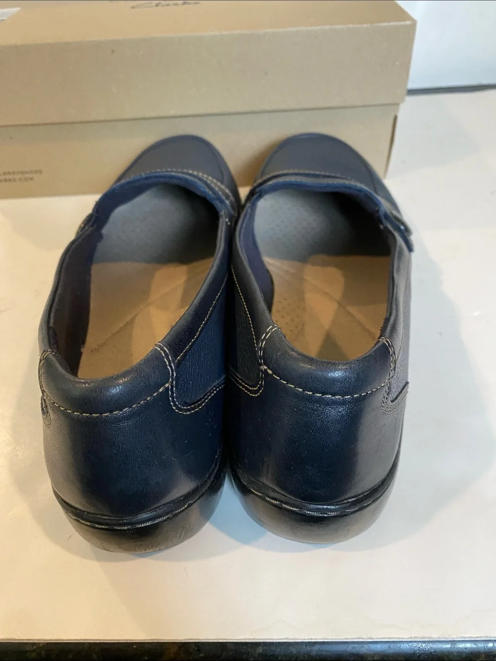Clarks Cora Daisy Deep Navy Textured Slip-on Wedge Loafers